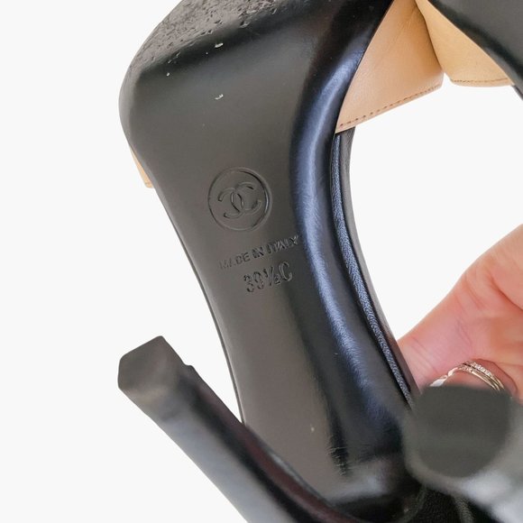 Chanel Two Tone CC Sandals EU 39.5 US 8.5-9 Beige Black Peep Toe High Heels - Picture 11 of 13